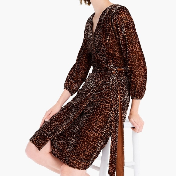 NWT J. Crew Leopard Print Drapey Velvet Wrap Dress 0 - Picture 1 of 14